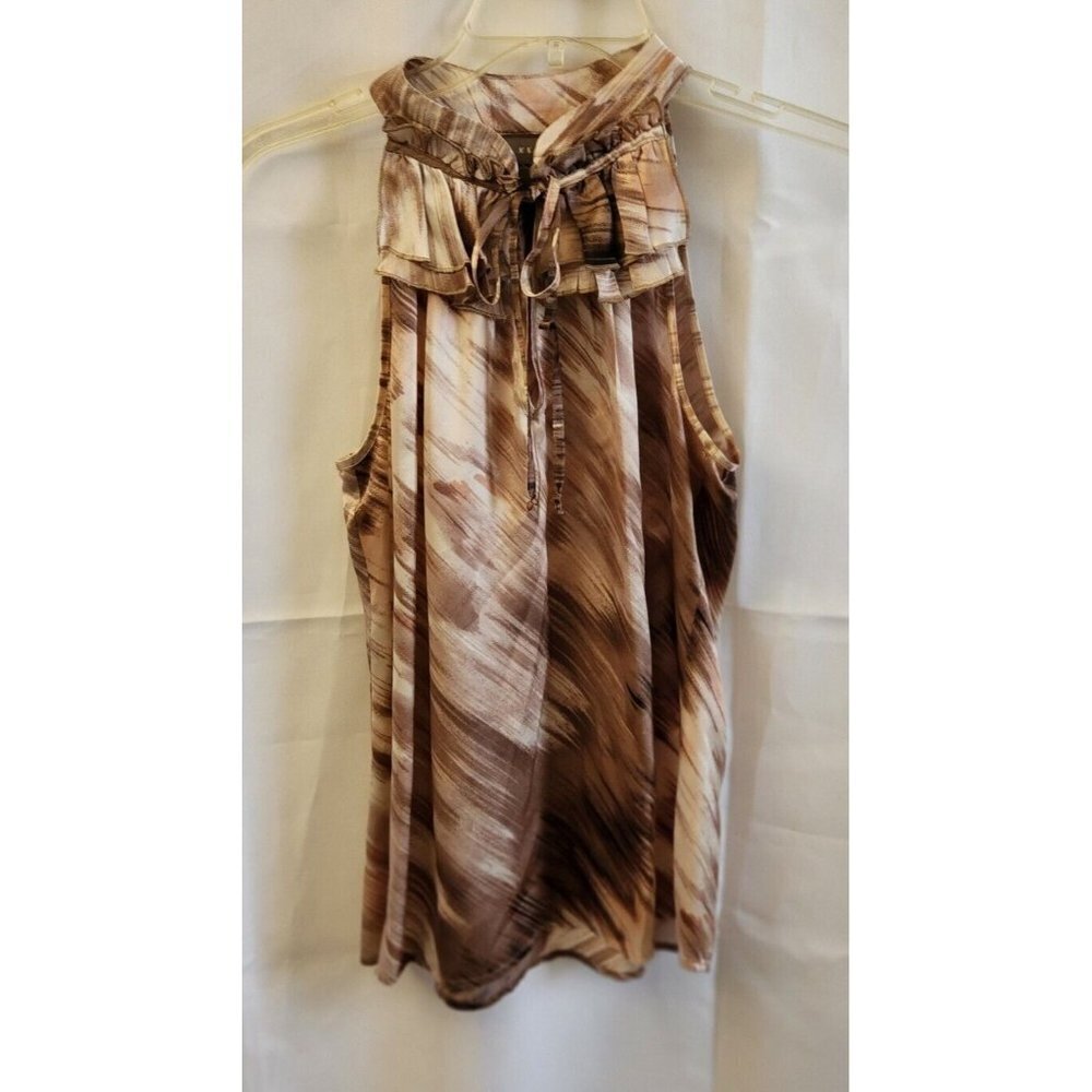 Kenar Sleeveless Silk Top Size Small Shades of Brown Cream Tie Ruffle
